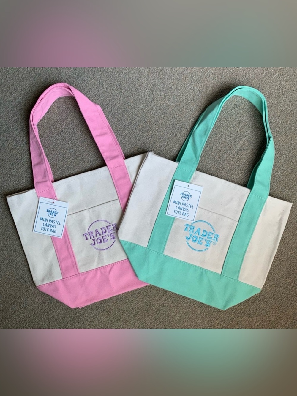 Trader Joe’s Mini Pastel Canvas Tote Bags Set - Mint Green and Pink